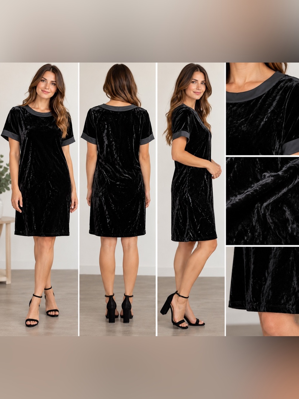 Eileen Fisher Womens M Black Velvet Silk Rayon Shift Dress Short Sleeve Midi